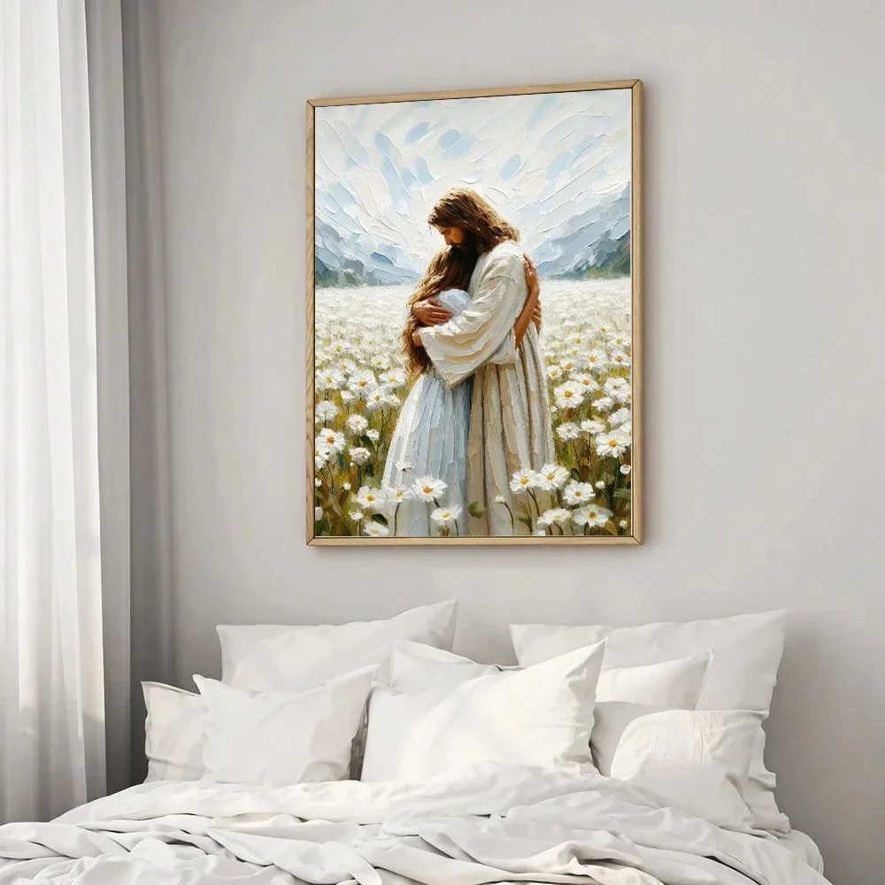 1 قطعة يسوع العناق فتاة قماش اللوحة ملصق الكتاب المقدس الفن المسيحي الجمالية بسيطة جدار الفن المخلص هدية ديكور المنزل