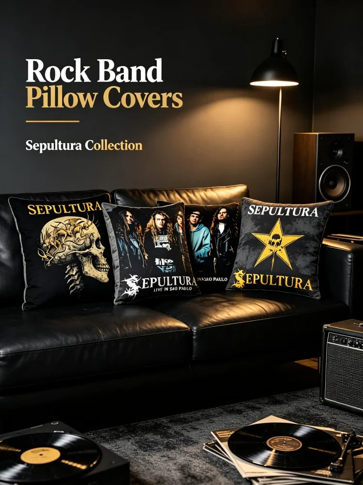 Sepultura Heavy‑Metal Band Pillow Cover, Retro Skull Band Logo Square Cushion Case, Soft Polyester Decorative Pillowcase with Hi