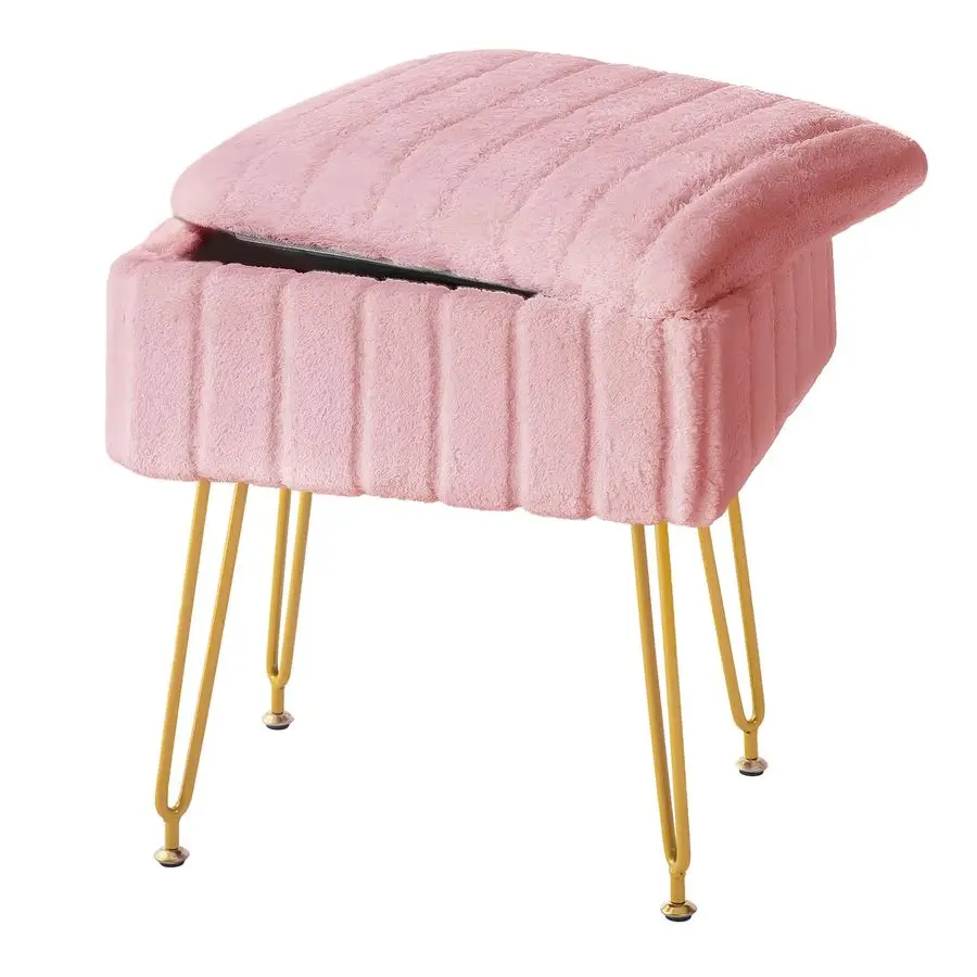 

Vanity Stool with Storage, Pink Vanity Chair 4 Metal Legs with AntiSlip Feet, Faux Fur Soft Padded Seat, Cute Small Footstool Ot