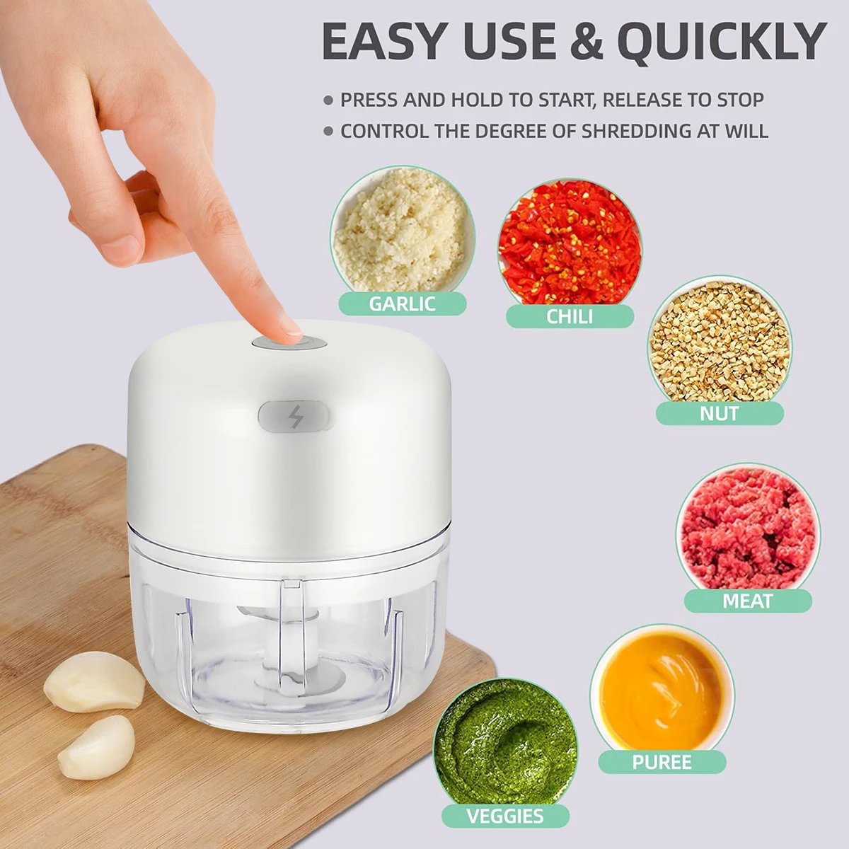 Wireless Electric Garlic Chopper, with Stainless Steel Blade,100ml/250ml  Mini Food Processor for Meat, Onions Garlic Chopper