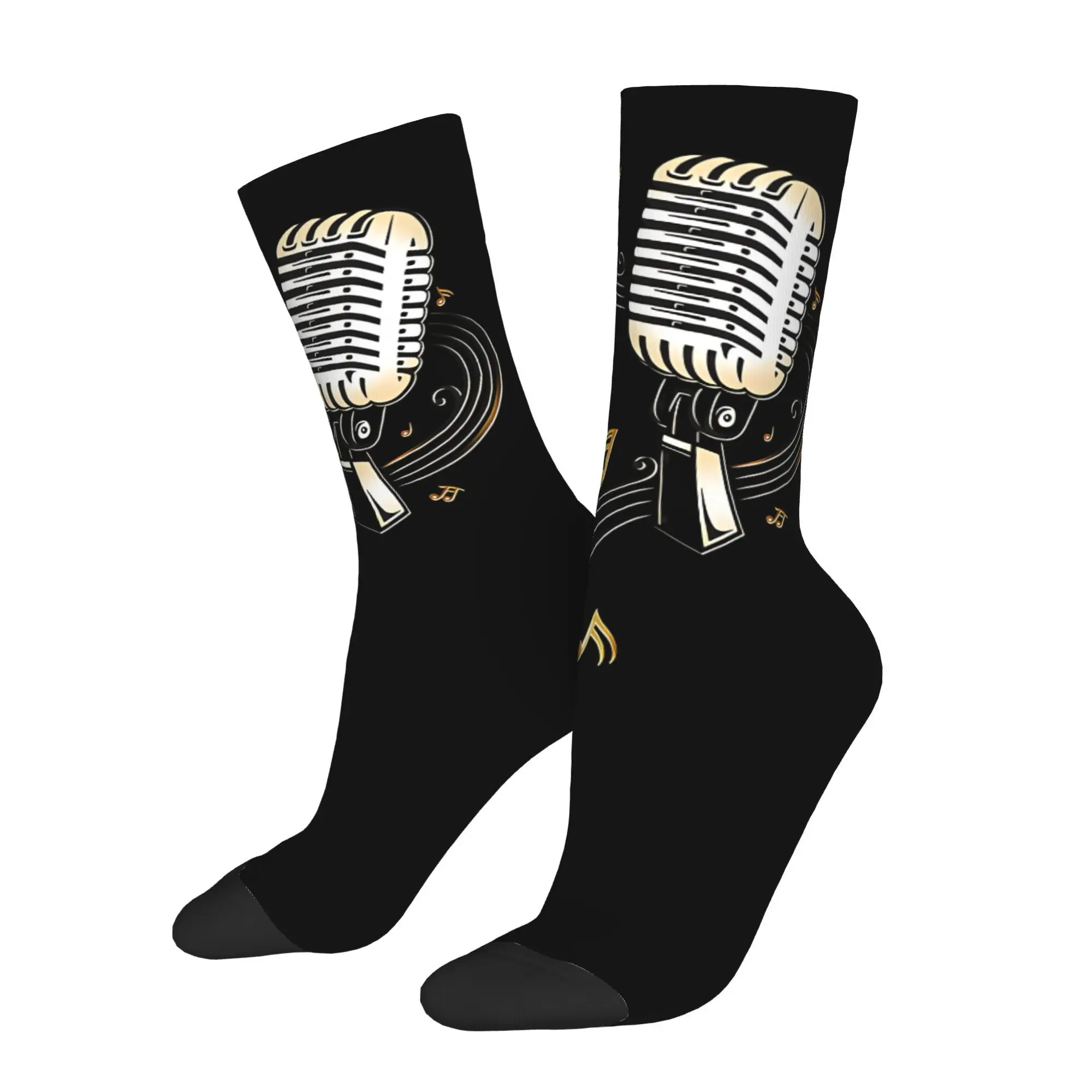 1pc Microphone With Music Notes And Clef  Printed Men's Socks Novelty Hip Hop Harajuku Pattern Crew Sock Casual Gift