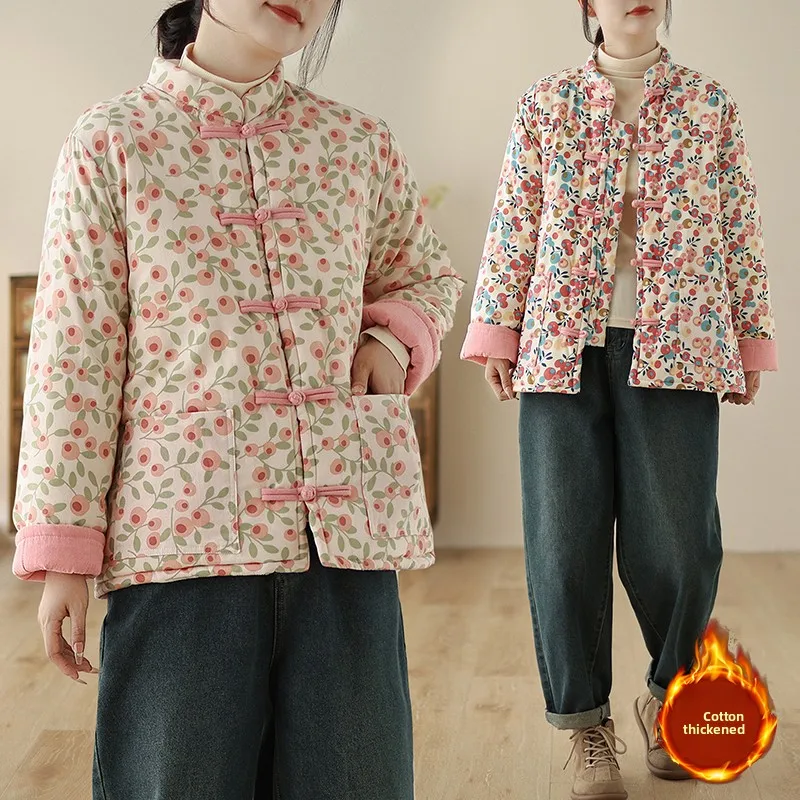 

High-End Fashion Floral Cotton Jacket Women's Vintage Handmade Button Loose Print Thickened Cotton Coat Female Apparel