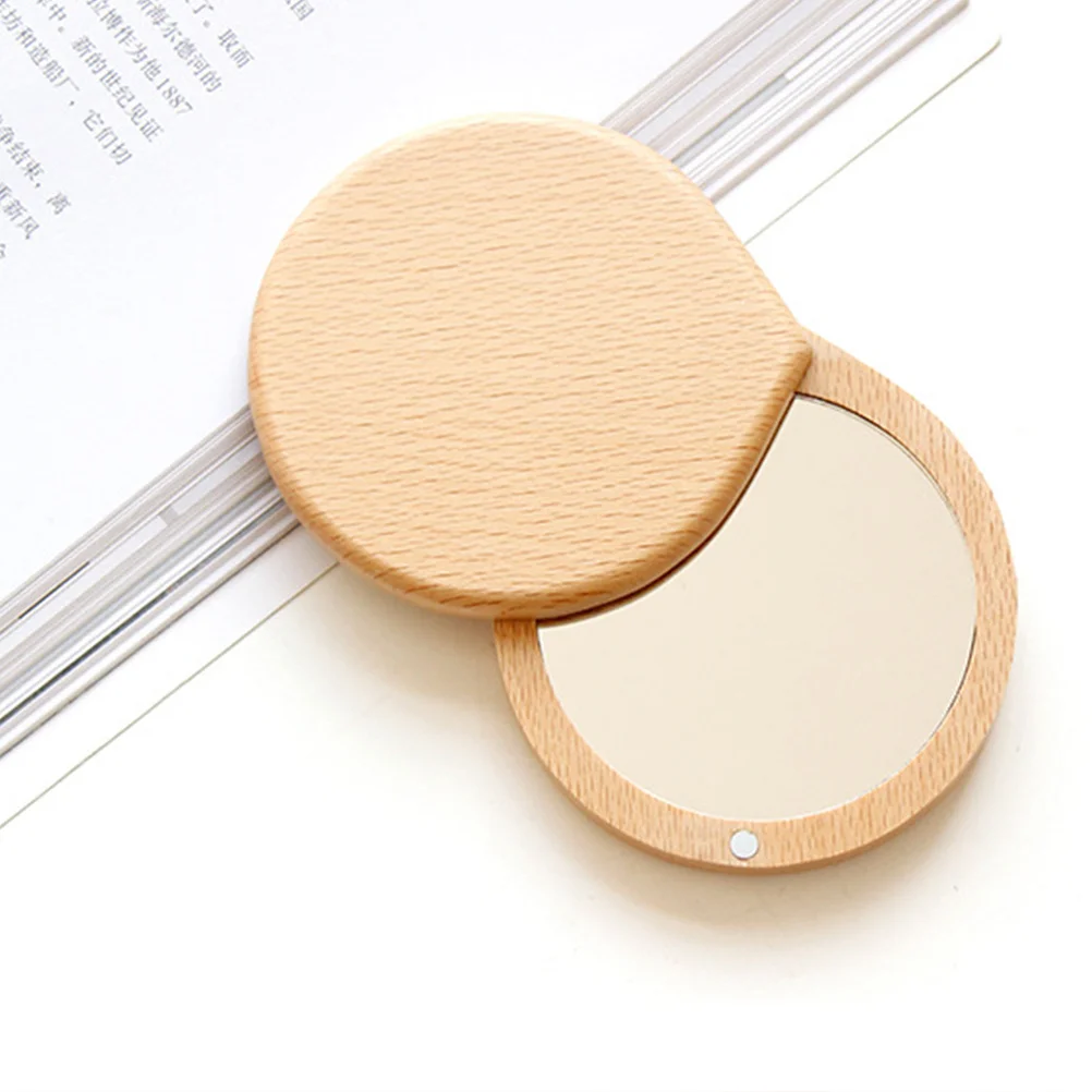 1 個ポータブル木製小型化粧鏡傷つきにくいコンパクトポケットミラー女性用レディースカーキ