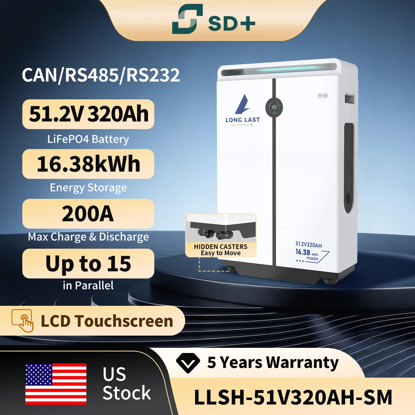 SANDISOLAR 51.2V320AH LiFePO4 Battery 16384Wh 6000+ Deep Cycle Rack Mounted Floor Standing Built in BMS for Solar System Energy Storage CAN RS485 RV Marine Off Grid Stock Fast Delivery
