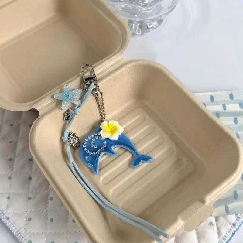 91AF Dolphin Keychain Charm Ocean Bag Decoration with Blue Pendant, Plumeria Flower, Shell Cord Detail and Lobster for