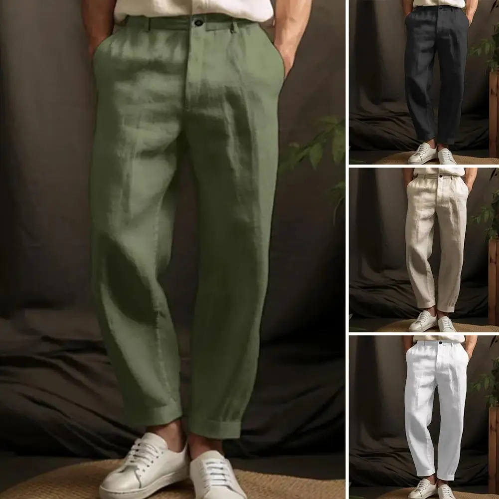 

Vintage Pure Color Loose Linen Trousers For Mens Spring Summer New Casual Straight Pants Men Fashion Pleated Breathable Pants