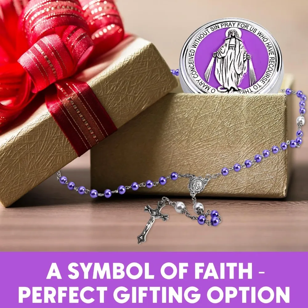 1-5 Sets Catholic Pearl Cross Rosary Necklace Glass Beads with Miraculous Box for Baptism First Communion Prayer Religious Gift - view 5