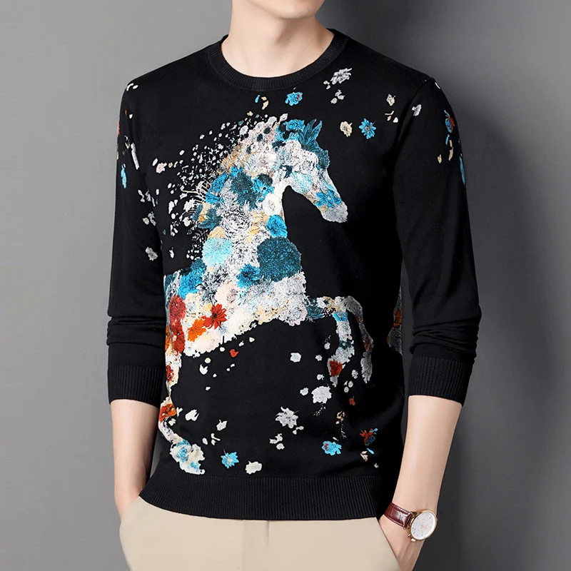 Creative 3D Print Vintage Sweaters For Men Horse Pattern Knitted Spring High Quality Elastic Pullovers Fashion Casual Pull Homme