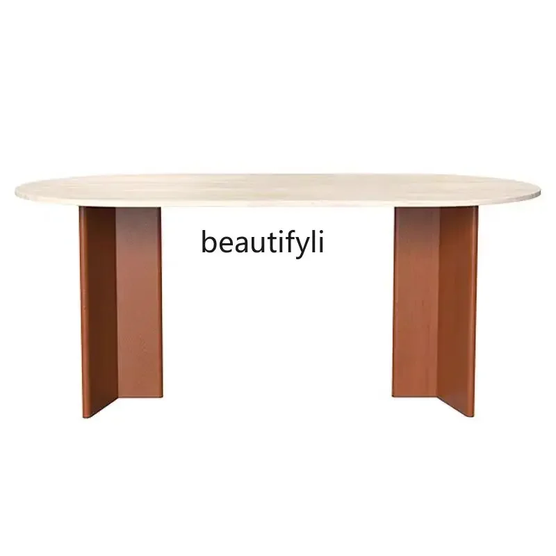 

Medieval style solid wood travertine rock slab dining table modern home designer oval retro art desk