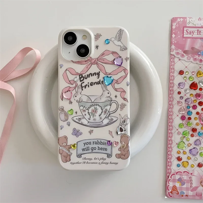 Retro Pink bow tie Porcelain teacup rabbit rhinestone art Phone Case For iPhone 16 15 14 13 12 Pro Max Case Cute cartoon Cover