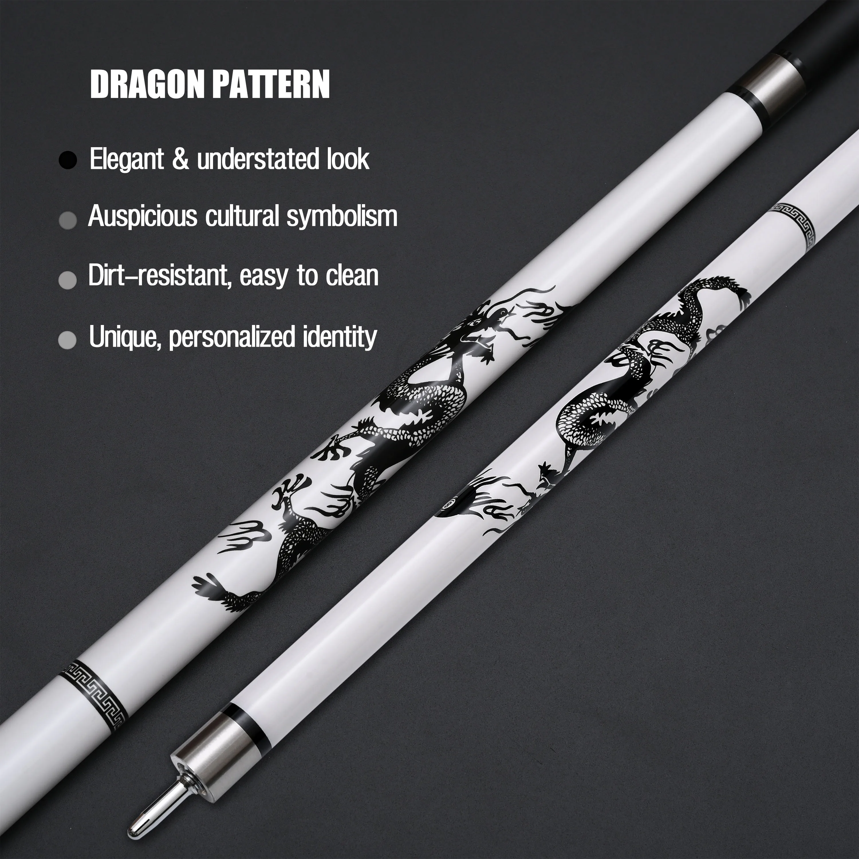 

White Fiberglass Pool Stick with Dragon Artwork & Premium Automotive Paint Grip