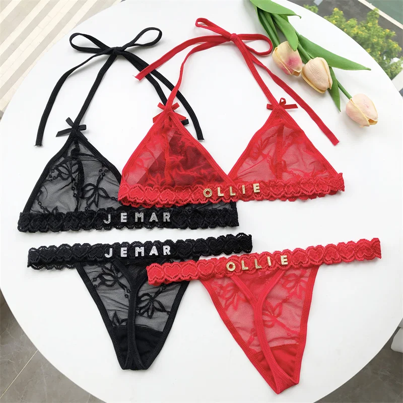 Custom Name Crystal Letter Sexy Thong Lace Bikini Bra Panties Personality G-String Crystal Letter Underwear Low Waist Briefs Bra