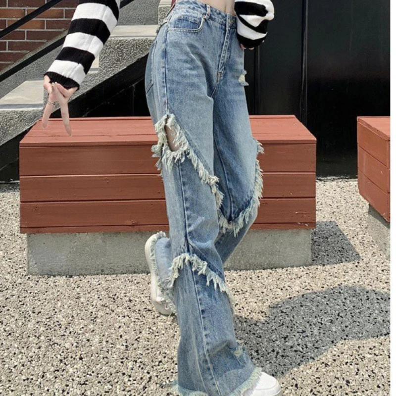 Design Inspired Fringed Patchwork Hollowed Out Jeans For Women Spicy Girls Wide Leg Pants American Retro Micro Flared Pants