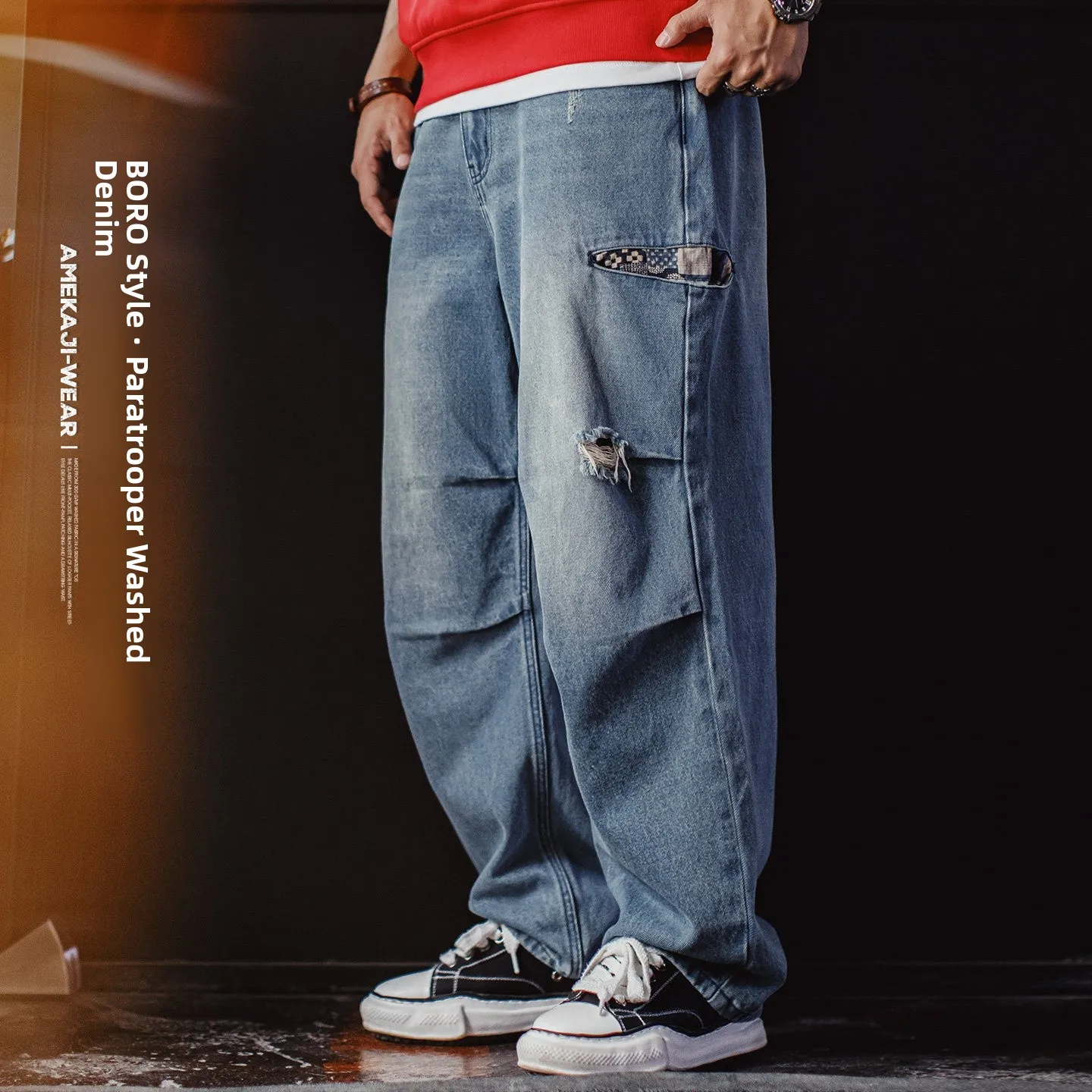 

Maden American Retro Wide Leg Loose Paratrooper Jeans Ancient Cloth Waed Hole Thin Casual Pants Men Spring Cotton Straight ...