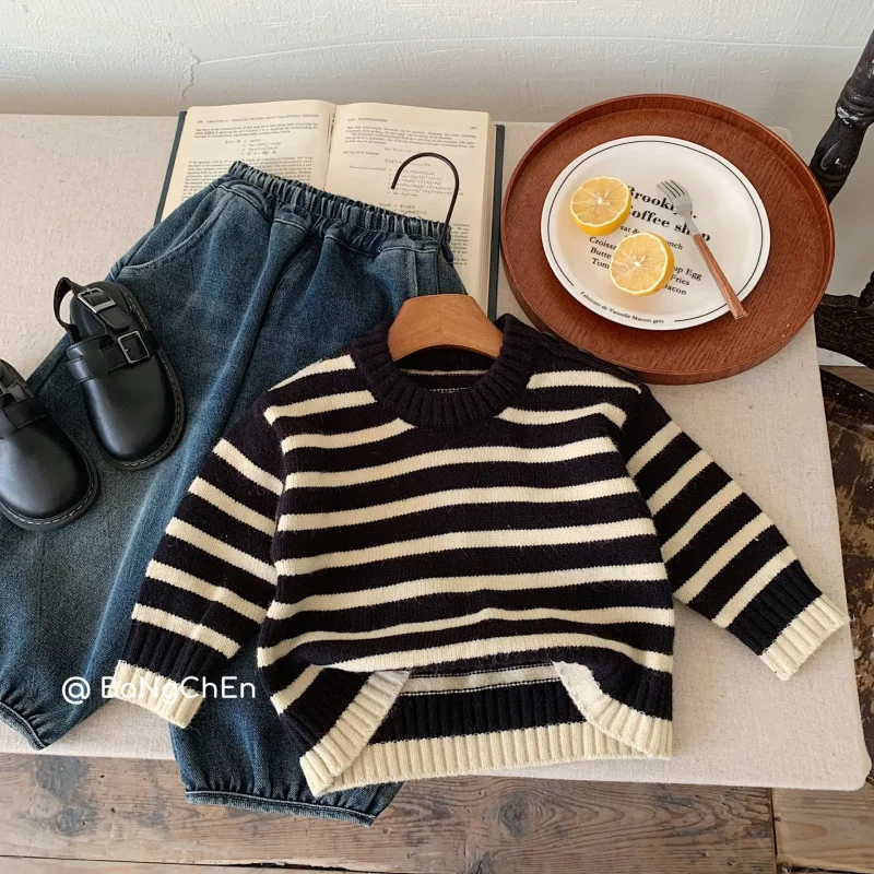 

Kids' Sweater Bangcheng2024Winter New Korean Style Shoulder Button Striped Sweater Boy Versatile TopMY0068