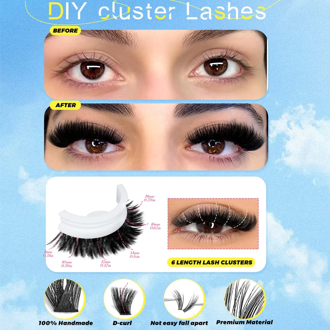 224PCS-12D with adhesive, tweezers, brush, eyelash curler, voluminous style 8-18cm, multiple lengths available. Perfect for Chri