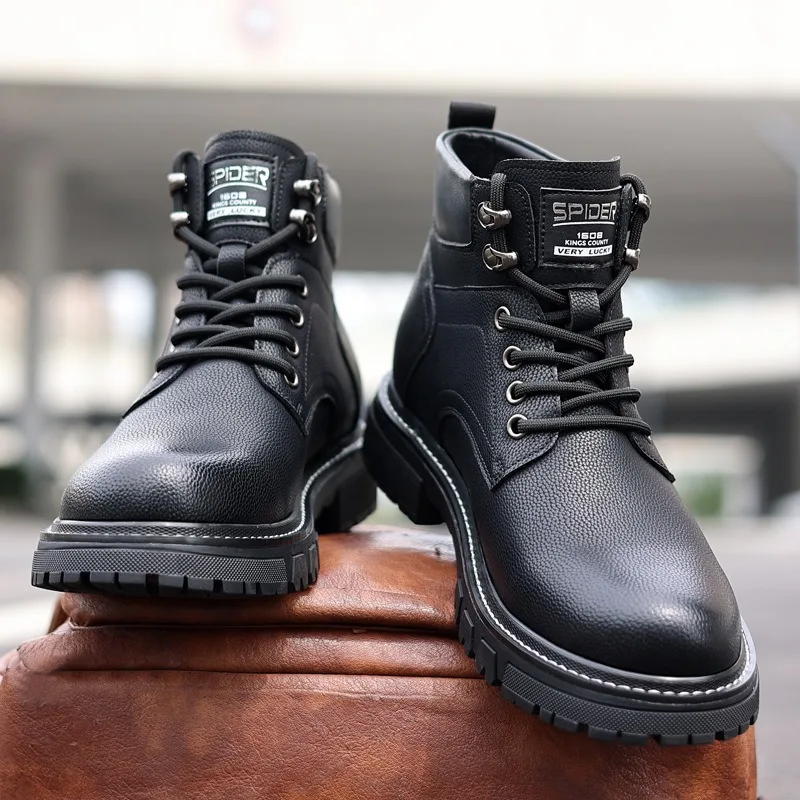 Retro Kuh Leder männer Plattform Stiefel Herbst Winter Weiche Sohle Casual Designer Männer Schuhe Mode Schwarz Stiefeletten Männer