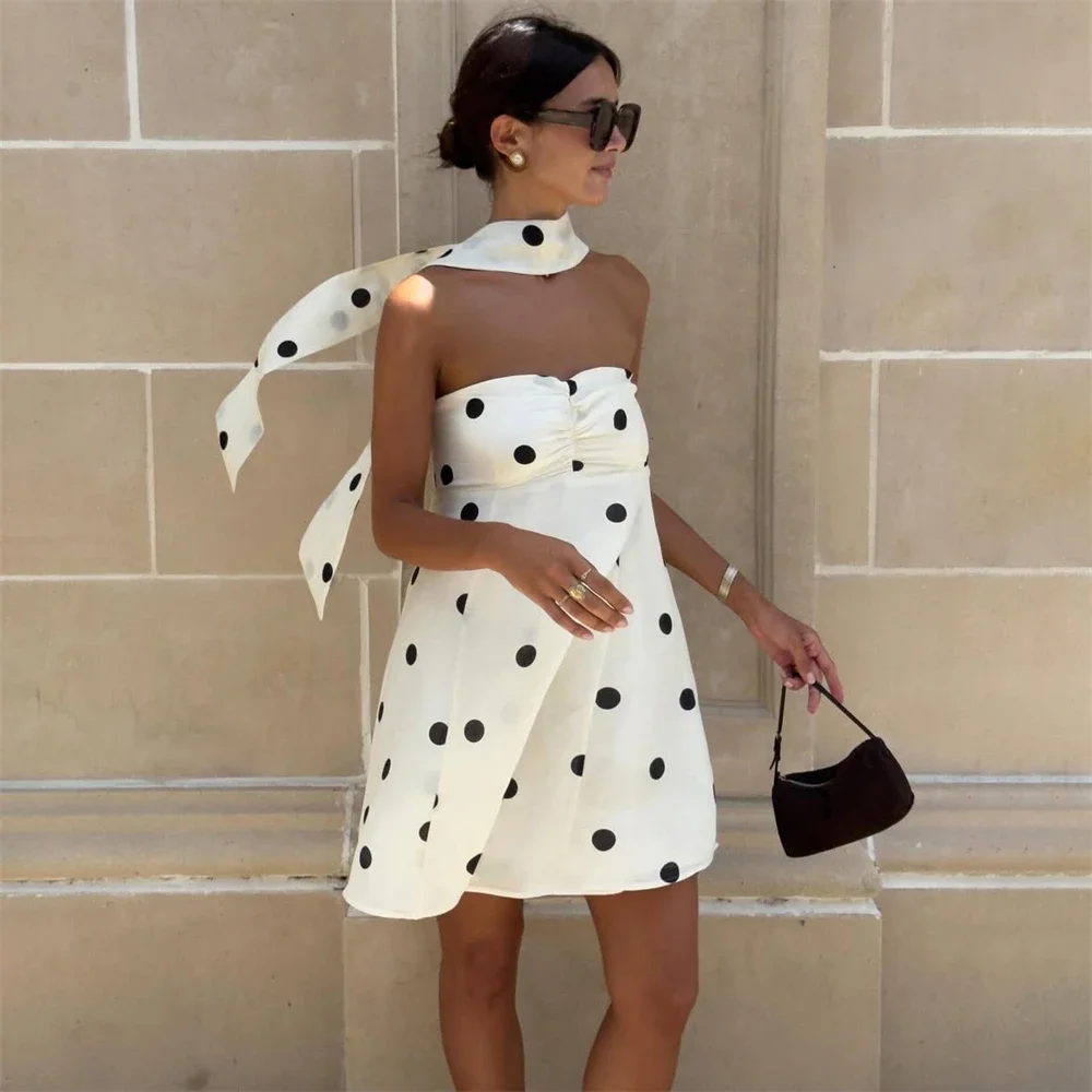 

2025 New Polka Dot Dress Women's Sexy Scarf One Shoulder Backless Pleated Strapless Mini Dress Female Summer Luxury Loose Dress