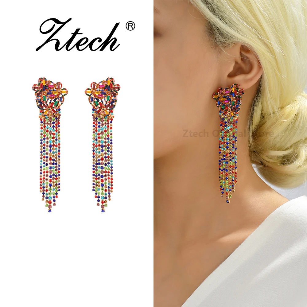 Fashion Vintage Design Long Crystal Tassel Elegant Ear Accessories Luxury Ethnic Style Dangle Earrings For Women Charm Jewelry