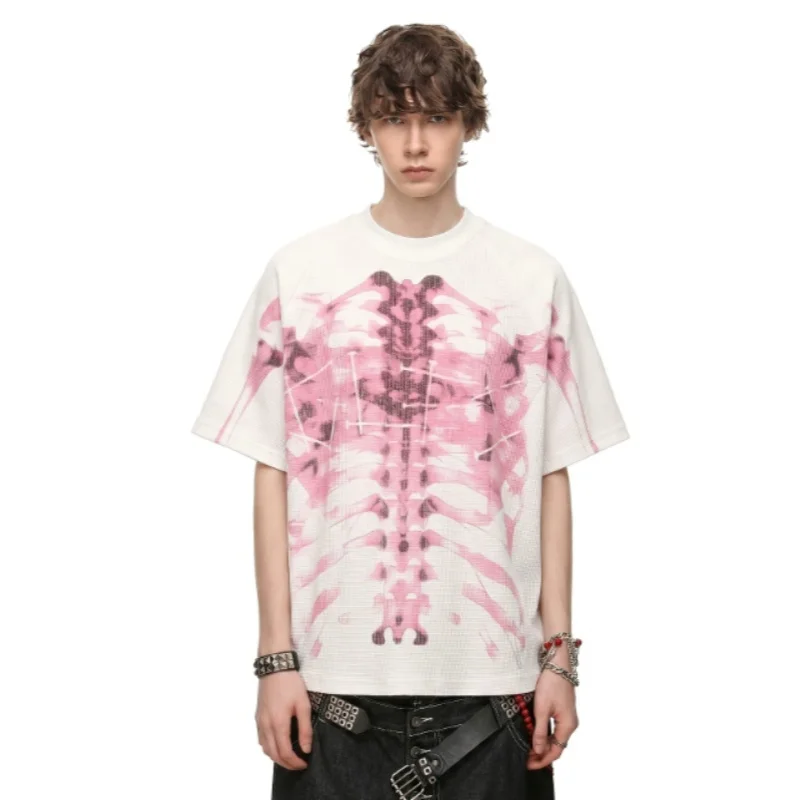 2026 Men X-Ray Skeleton Dot Print Waffle Knit Short Sleeve T Shirt Dark Gothic Vintage Streetwear Hip Hop Fashion Loose Top