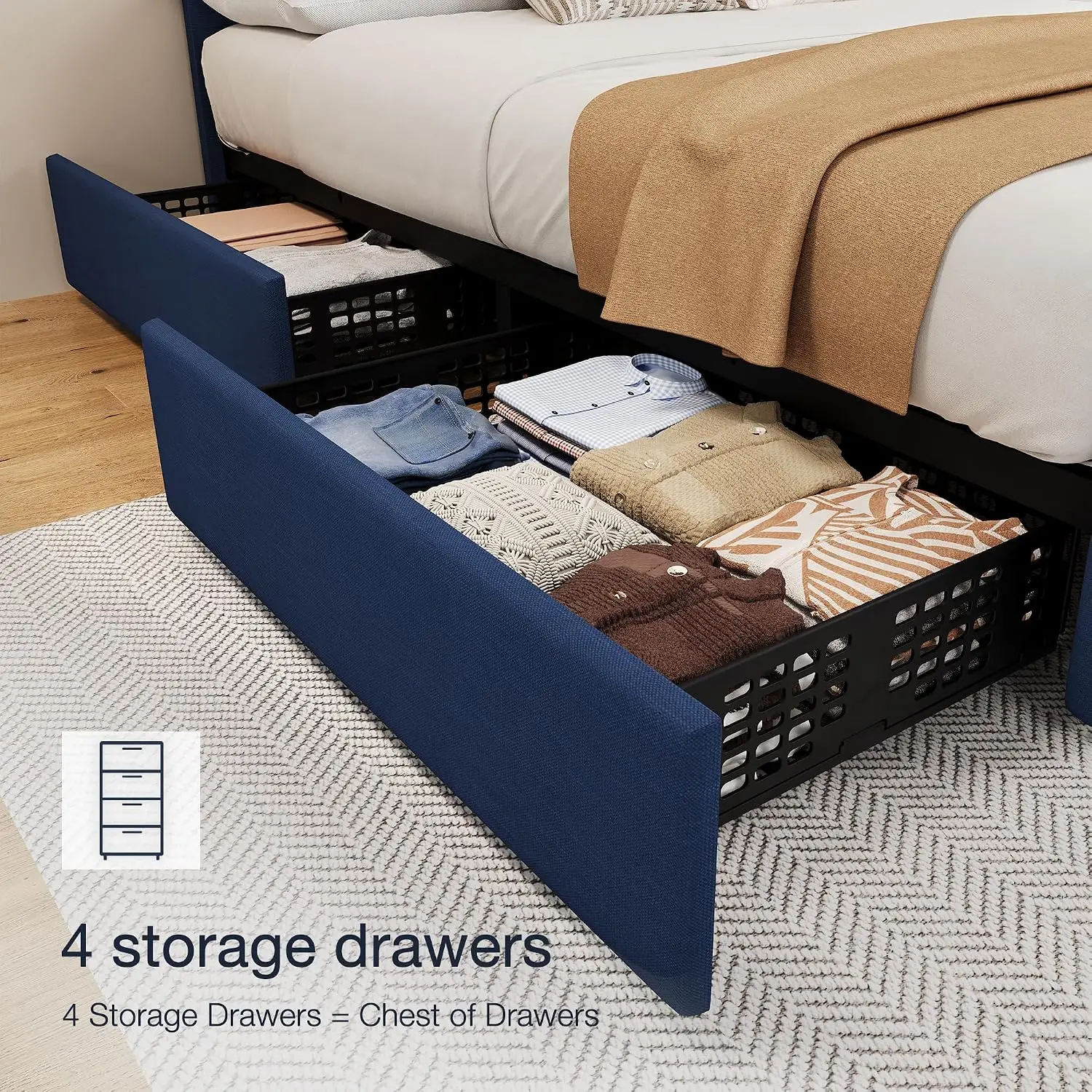 King Upholstered Platform Bed with 4 Storage Drawers, Tufted Headboard & Footboard, Wooden Slats, No Box Spring, Customized