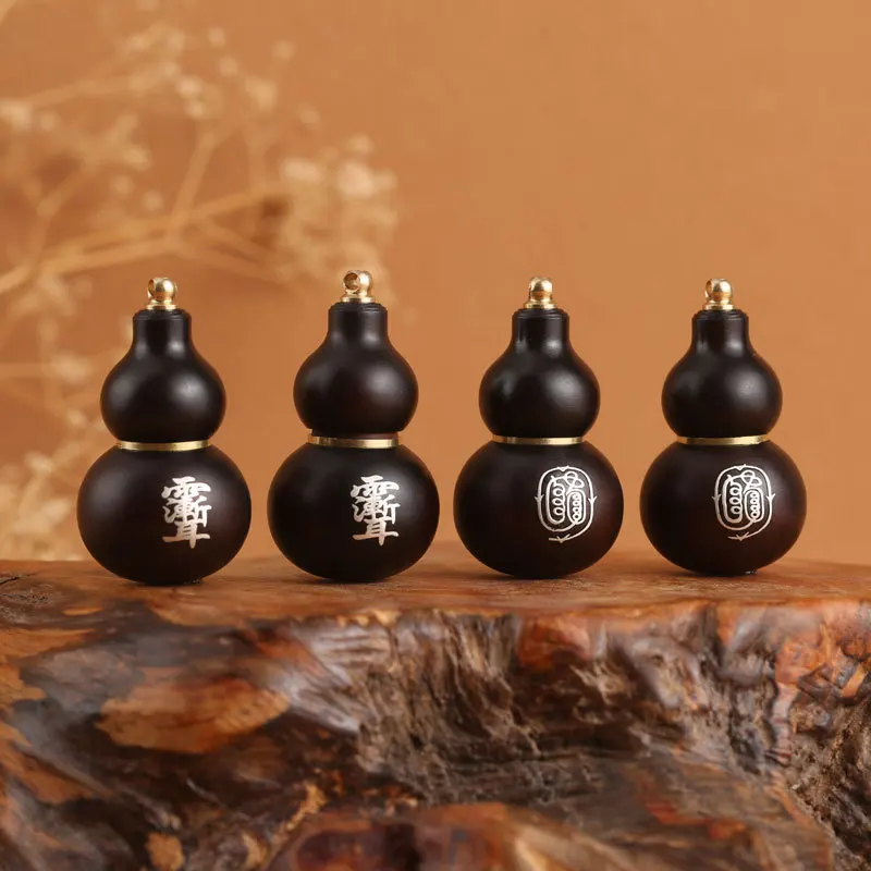 YNO Chinese Traditional Luck Thunder Struck Jujube Wood Gourd Pendant 925 Silver Inlaid Taoist Zi Wei Talisman Can Hold Cinnabar 6