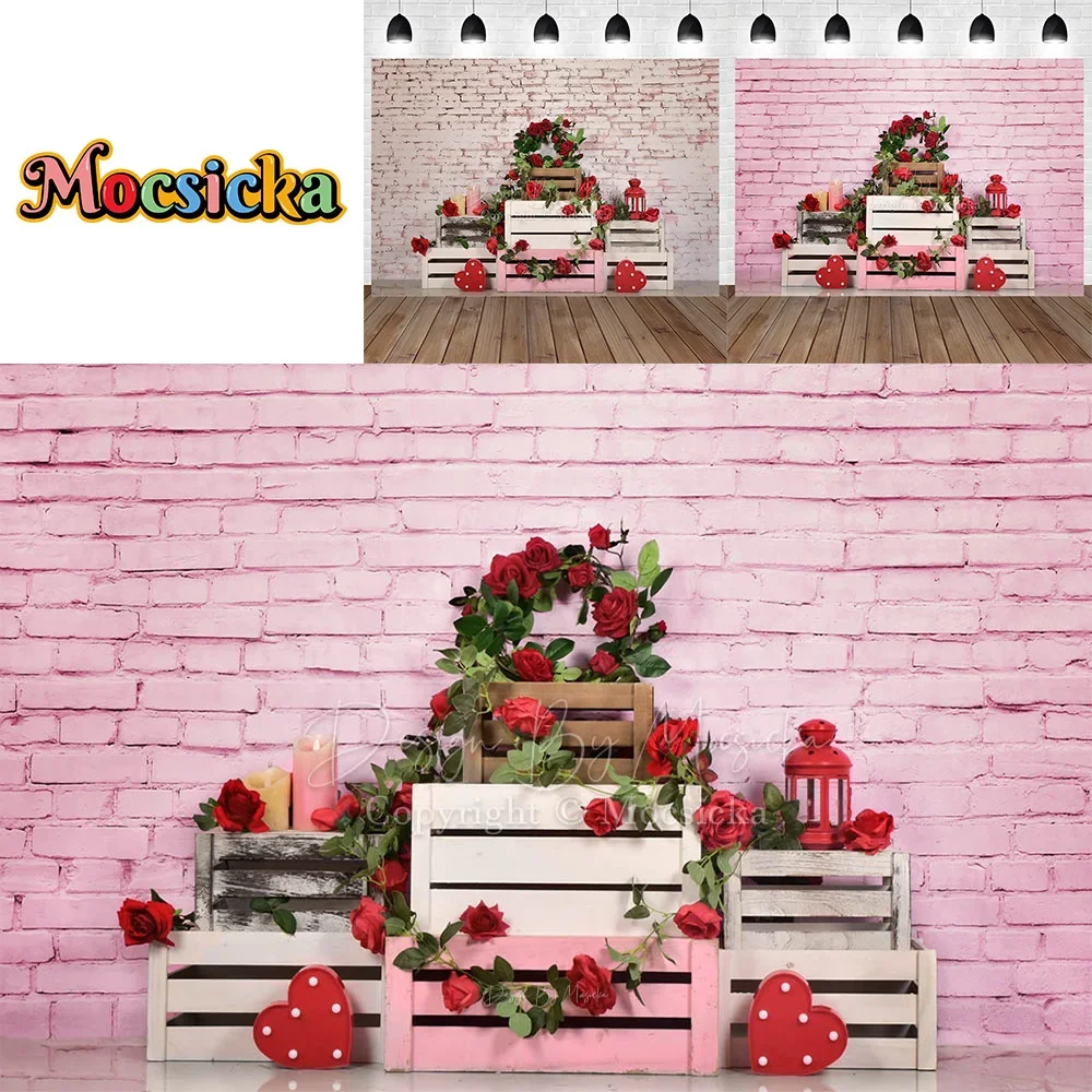 

Studio Photo Red Rose Retro Brick Wall Decoration Photography Background Valentine's Day Bridal Shower Girl Birthday Party Props