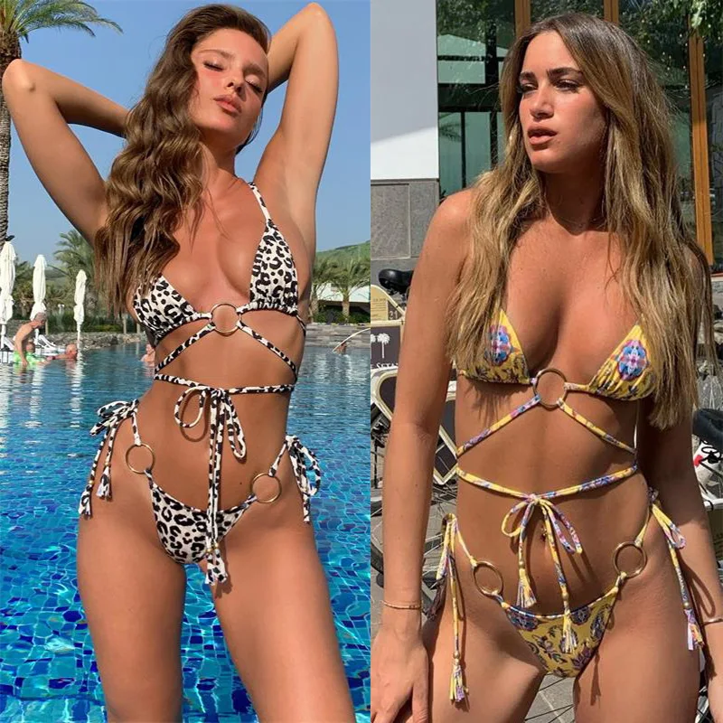 

2024New Sexy Three-Ring Lace Printed Bikini Women's Backless Split 20017