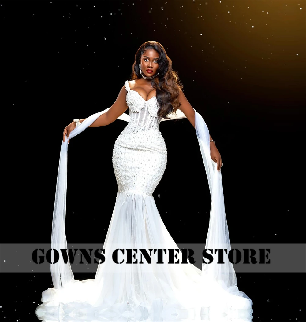 Luxe witte kralen parels Afrikaanse Aso Ebi trouwjurk spaghetti luxe 2024 verlovingsjurk zeemeermin formele jurk op maat