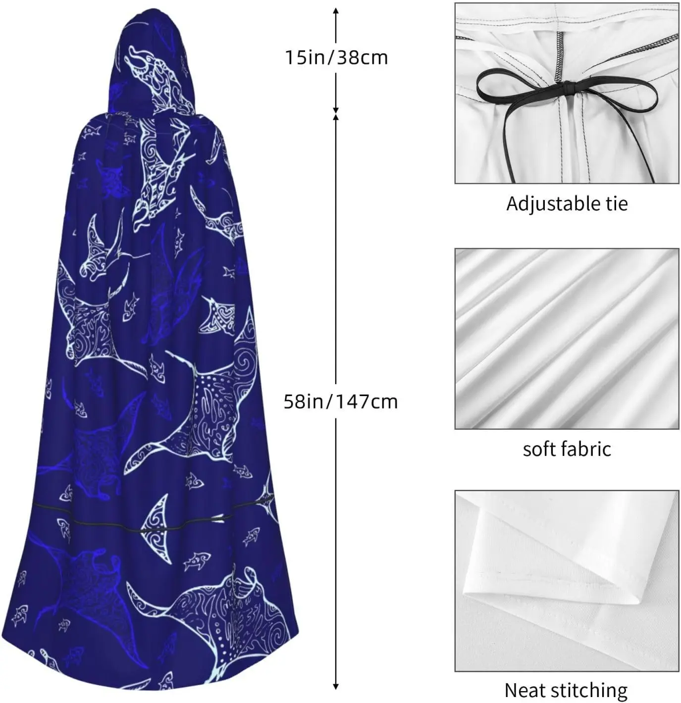 Peleryna z kapturem dla dorosłych z nadrukiem manta i ryb, peleryna karnawałowa, kostium cosplay, szata na imprezę, gotycki karnawał