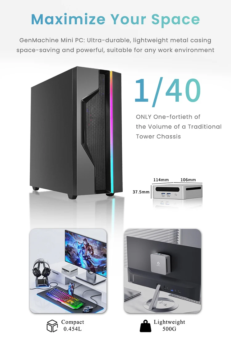 Genmachine AMD Ryzen™ 7 7840U ES Mini PC Mini Pc Ordenador Ryzen 8 Core 16 Thread,3.3-5.1GHz,TDP:28W 24G 6400Mhz WIFI6 Mini Pc