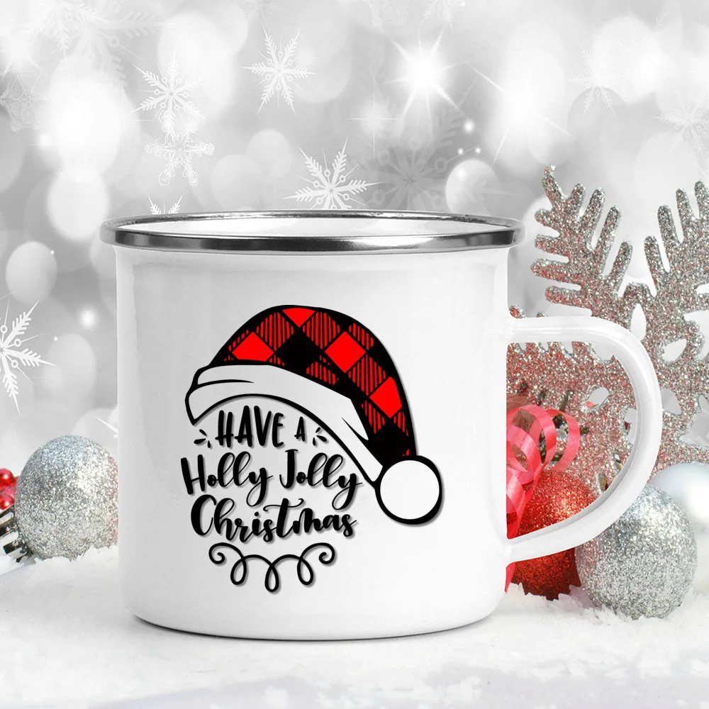 Warm Wishes and Snowman Kiss Print Mugs Kid Handle Breakfast Milk Cups Enamel Cocoa Cup Juice Drink Mug Table Decor Holiday Gift