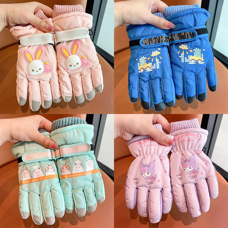 

New Kawaii Cute Sanrio Mymelody Kuromi Cinnamoroll Pompompurin Pochacco Rex Gloves Waterproof Thickening Anime Toys For Girls