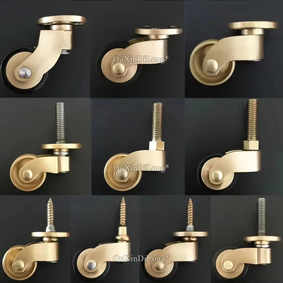 4PCS 1'' Solid Brass Casters Ultra-Low Height Table Chair Sofa Cabinet Furniture Castors 360° Swivel Rubber Silent Wheels Roller