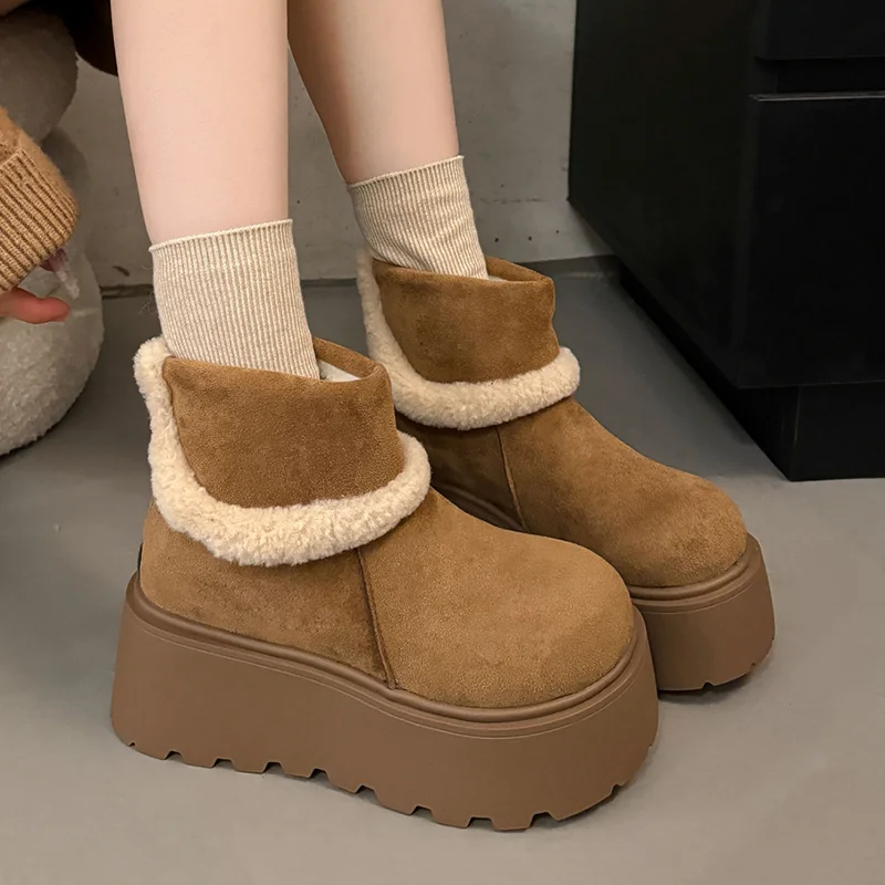 

Snow Ankle Boots Women Flats Platform Suede Casual Shoes 2025 Short Plush Warm Cotton Shoes New Brand Cozy Designer Mujer Botas