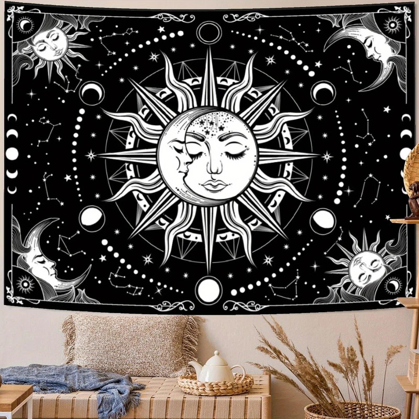 1pc Vintage Sun and Moon Tapestry Wall Hanging - Celestial mandala design with planets, stars and cosmic motifs