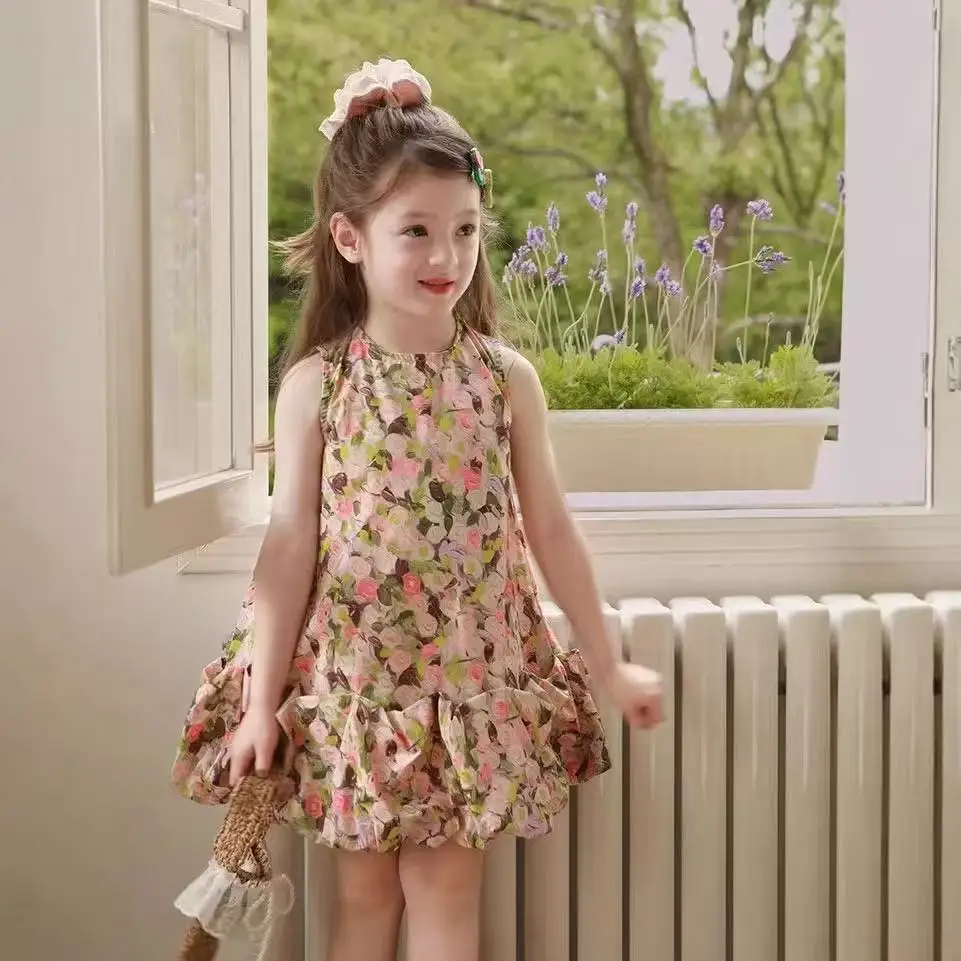 

2026 Summer New Kids Girls Sweet Floral Print Princess Tutu Dress Cute Ruffle Dress for 90-140cm