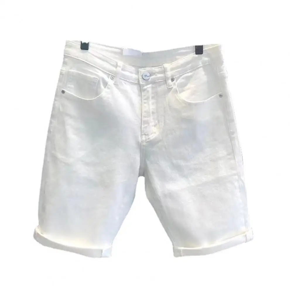 Casual Short Trousers Retro Zipper Summer Pure Color Knee Length Shorts  Denim Shorts Slim