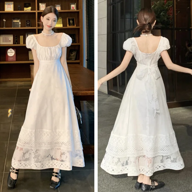

Большие размеры, винтажная белая кружевная вышивка, женская летняя утягивающая длинная юбка с квадратным воротником для поездок на работу, Ele