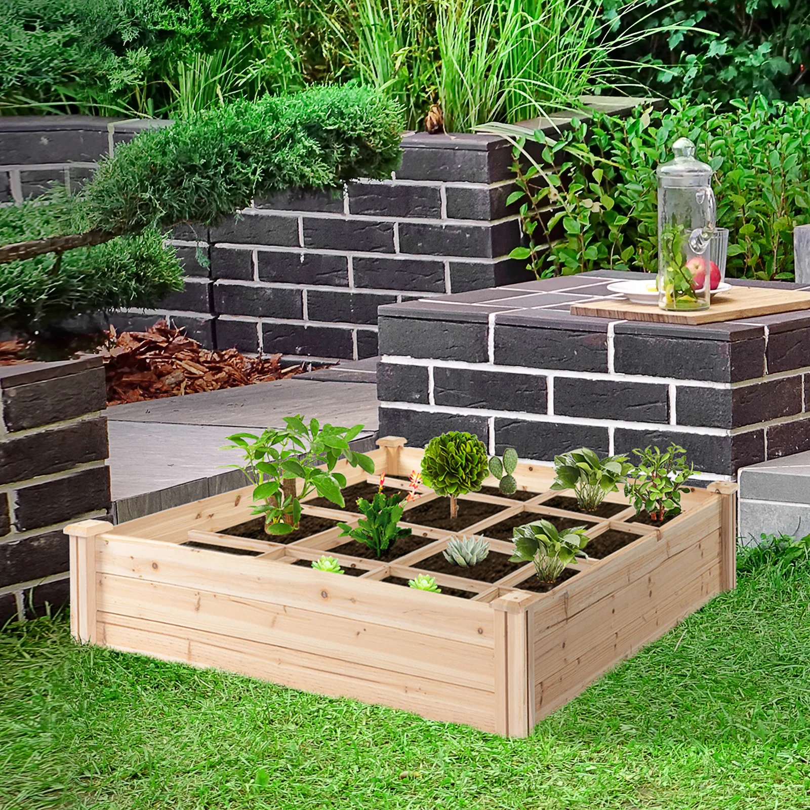 Raised Garden Bed Kit, 4' x 4' Outdoor Wooden Planter Box with 9 Growing Grids, for Plants and Herbs