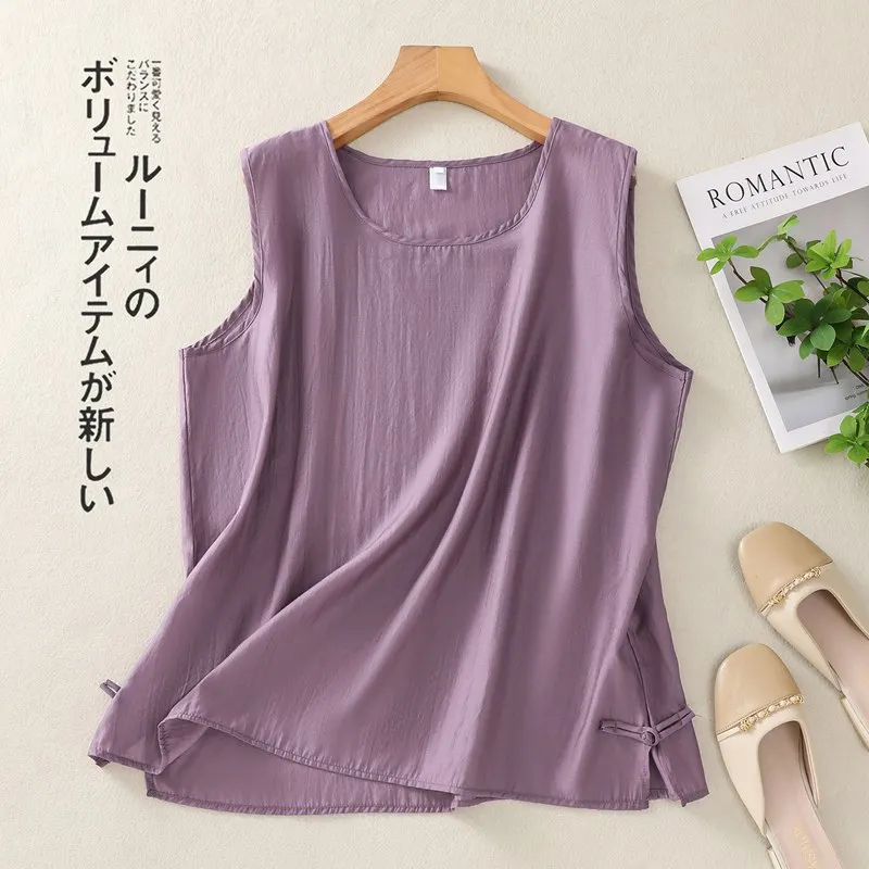 夏ルーズコットンとリネンタンクトップ女性キャミソールレトロカジュアルボタンノースリーブトップベスト基本キャミソール