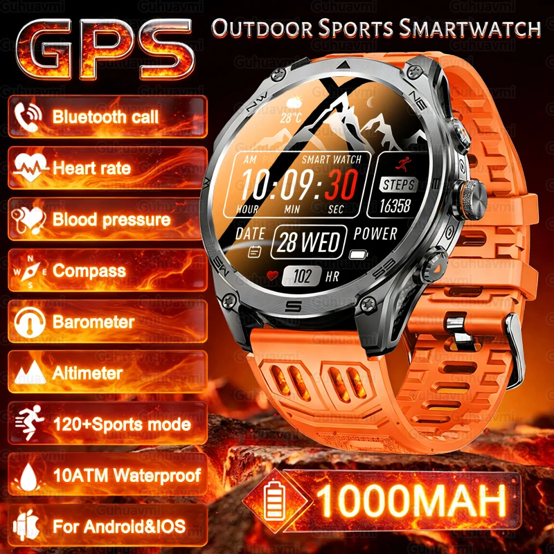 

New 1000mAh Battery Smart Watch Built in GPS Compass 10ATM Waterproof Sport tracker Outdoors Military Smartwatch For Android IOS