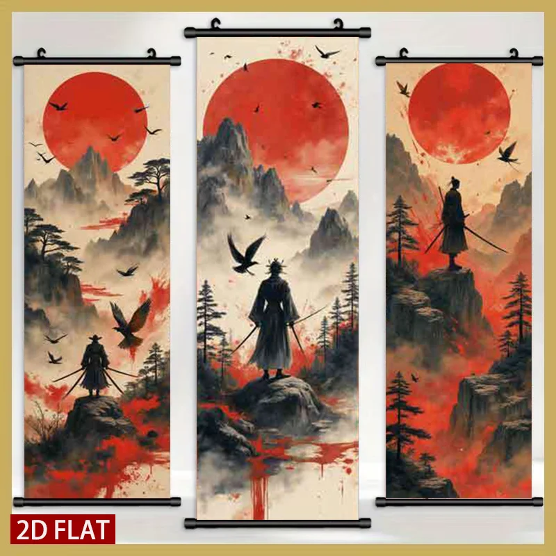 

Набор из 3-х плоских 2D-прокатных картин в японском самурайском стиле с чернильным рисунком, высококачественная печать, устойчивая к выцветанию, настенный декор