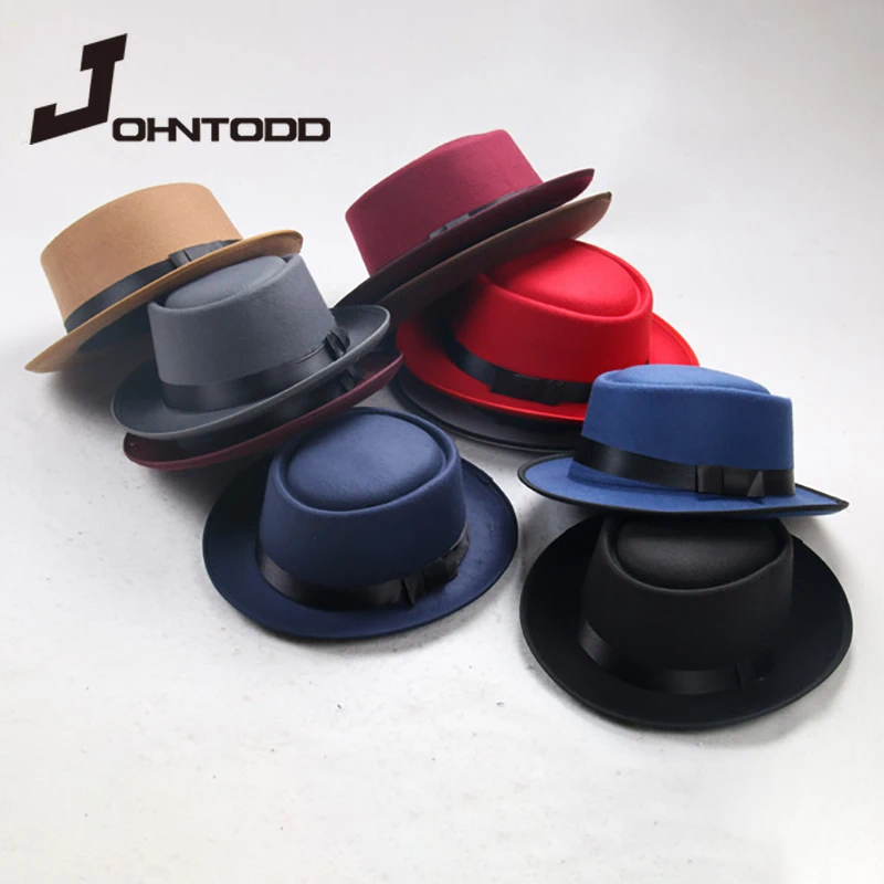 Father uses simple faux wool men's black gentleman flat top bowler hat concave top head wearing jazz hat bucket hat woman cap