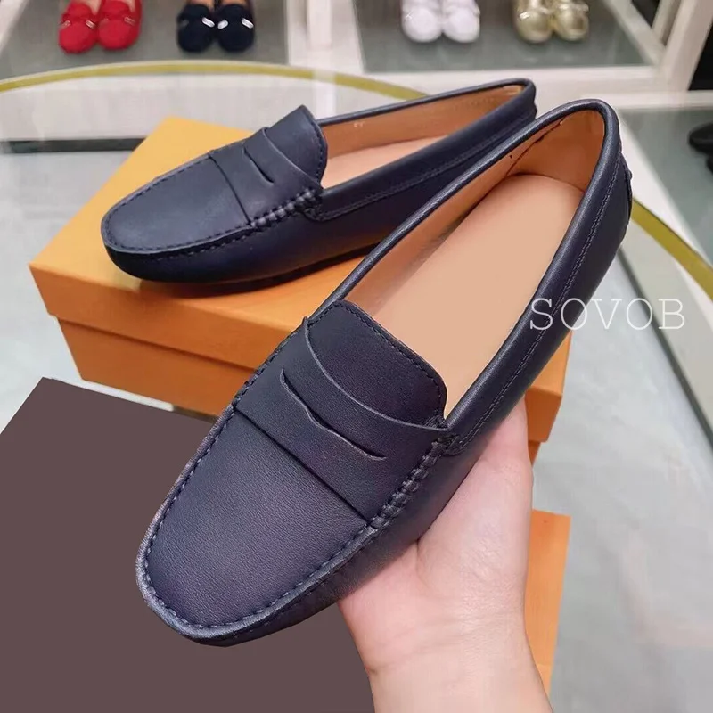 Spring Autumn Genuine Leather Round Toe Flat Shoes for Women\'s Shallow Mouth Solid Color Loafers Casual Versatile Bean Shoes