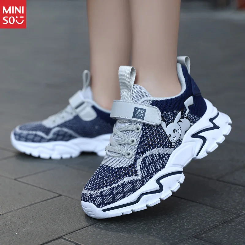 Sepatu Olahraga Anak Miniso Cross-Border untuk Musim Semi Gugur, Sepatu Sneakers Ringan Berbahan Jaring Bernapas untuk Anak Besar