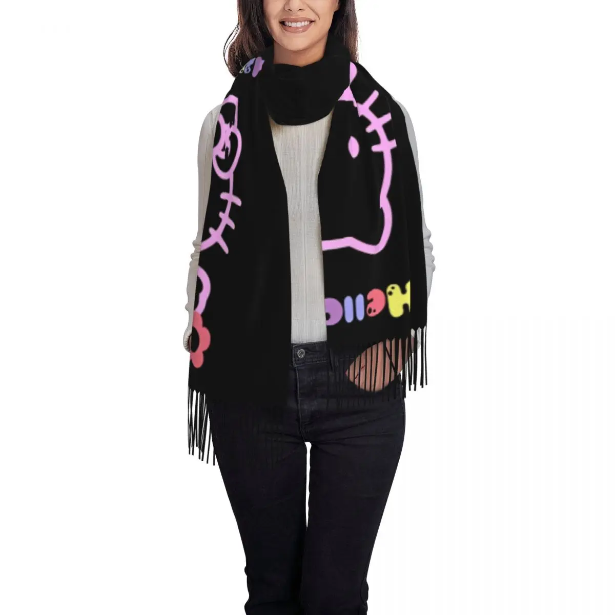 مرحبا كيتي طباعة وشاح المرأة أغطية الرأس الأوشحة مع شرابة طويلة الخريف خمر شالات التفاف الدفء المطبوعة باندانا