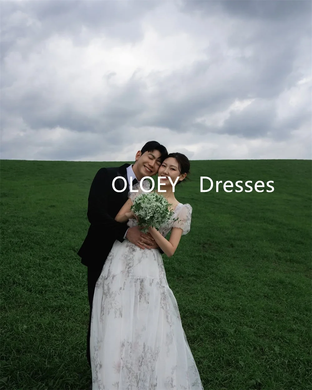 OLOEY Elegant Floral Print Prom Dresses Korea Photoshoot Square Collar Puff Short Sleeves Wedding Party Gown A Line Floor Length