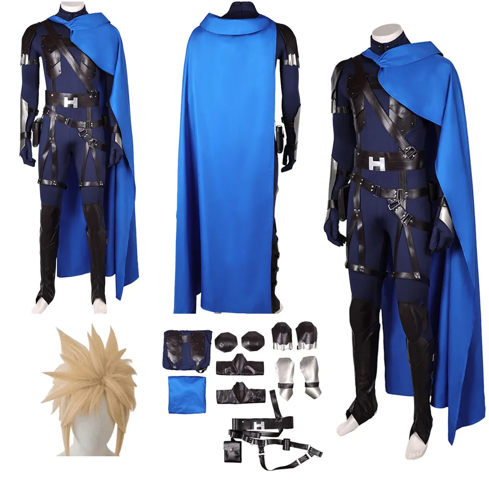 ชุดคลุมชุดคอสเพลย์ผู้หญิงการต่อสู้บนคลาวด์ Final Fantasy VII ชุดจั๊มสูทวิกผมเกิดใหม่ชุดป้องกันมือฮาโลวีนสำหรับผู้ชาย