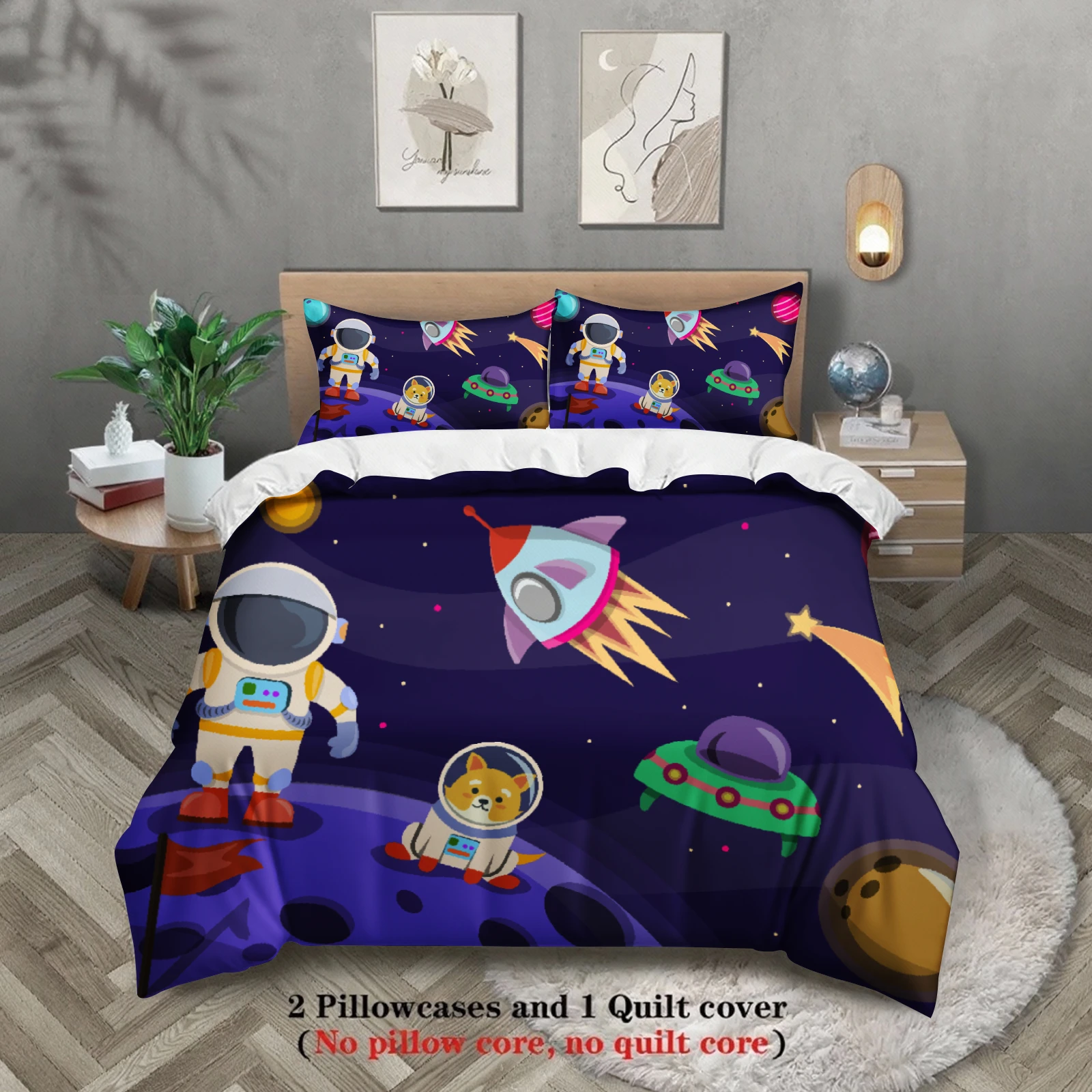 3pcs Space Adventure Bedding Sets 3D Printed Outer Space Pattern Duvet Cover Sets With Pillowcases No Filling